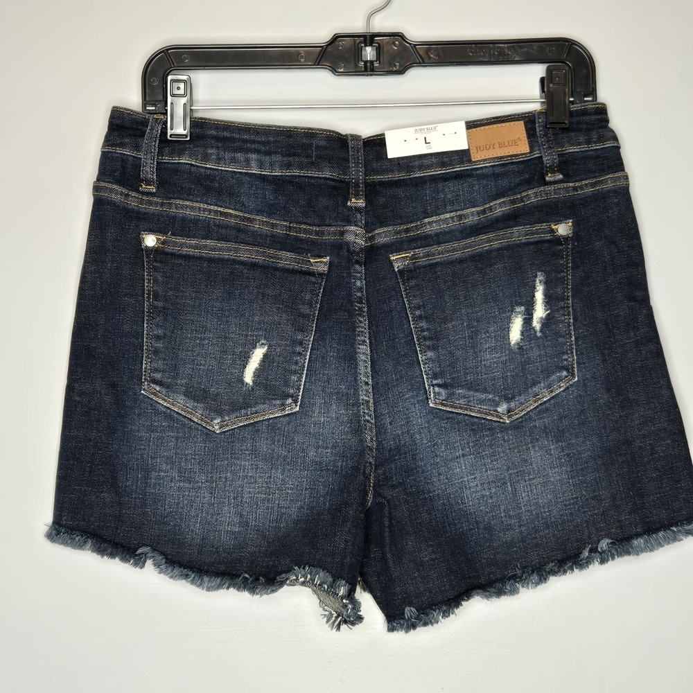 Judy Blue Camo Patch Shorts L High Waist‎ Distressed Dark Wash Denim Retro... - Picture 5 of 6